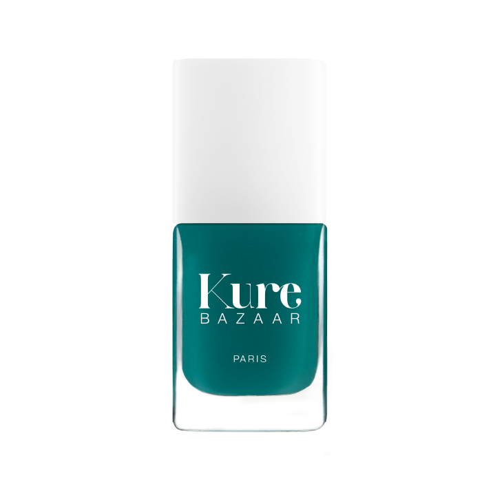 bottle of green love Non Toxic Nail Polish by Kure Bazaar blue green hue