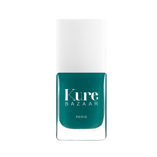 bottle of green love Non Toxic Nail Polish by Kure Bazaar blue green hue