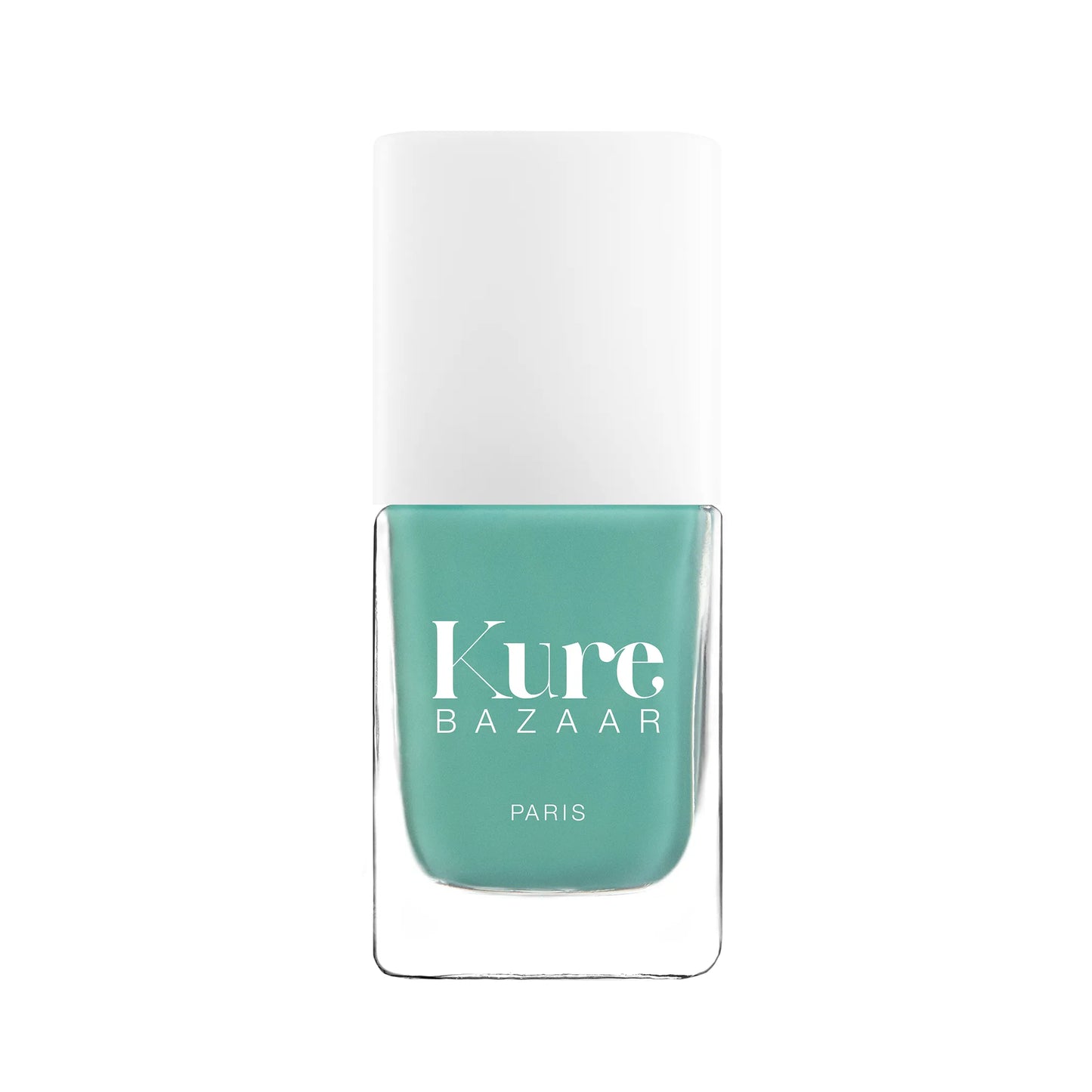 Teal nail polish bottle with 'Kure Bazaar' branding on a white background