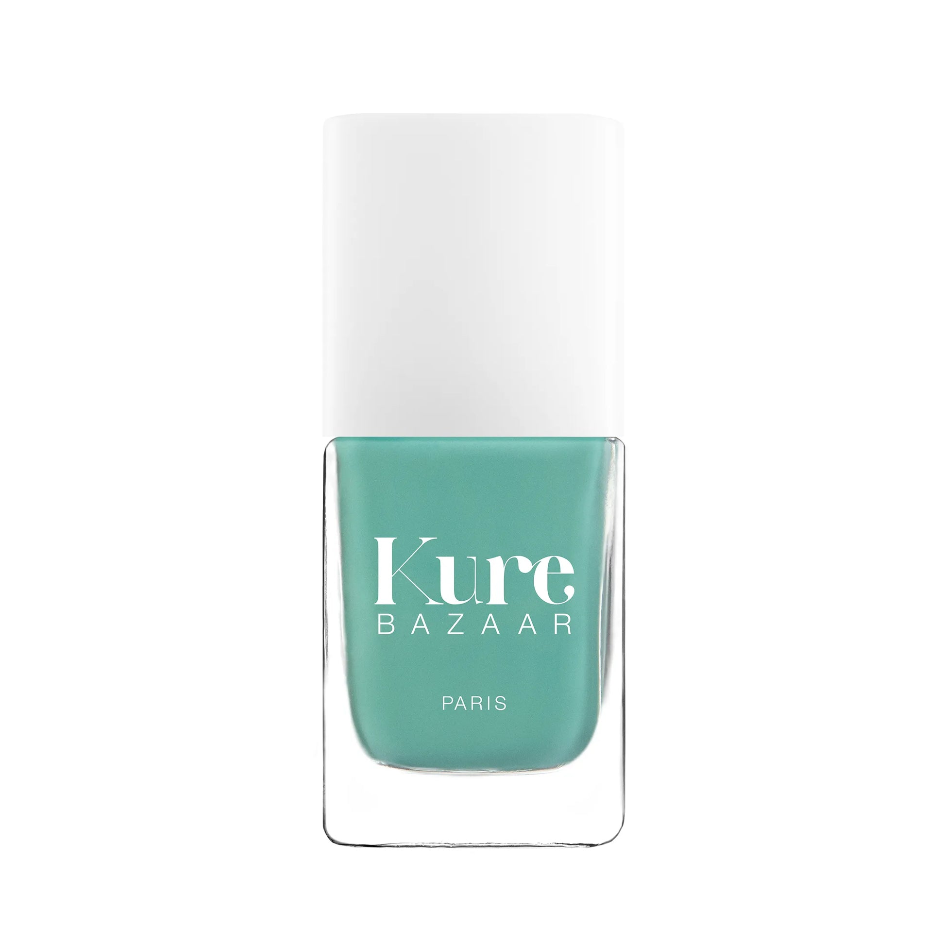 Teal nail polish bottle with 'Kure Bazaar' branding on a white background